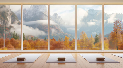 Spacious yoga studio with large windows overlooking autumn mountains. Wellness concept. Generative AI