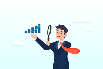 Businessman look through magnifying glass analyse graph, company transparency, business analysis or report, information or statistic, search for market growth, economic or improvement (Vector)