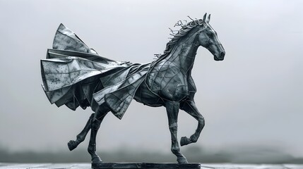Sculptural Origami Horse in Metallic Finish, Artistic Decor Element,
