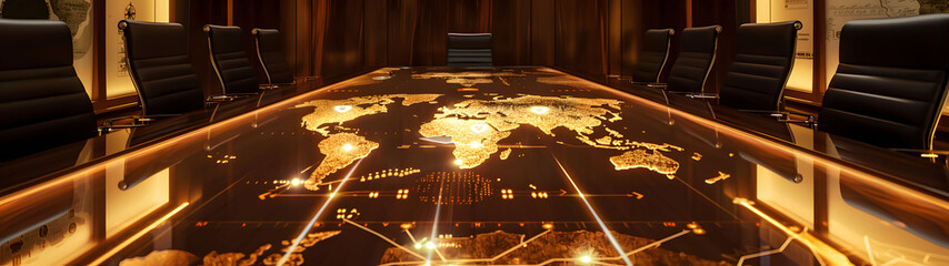 On the boardroom table, a vivid world map highlights the company's geographic expansion into new markets across continents. Glowing nodes throb brighter as revenue streams from each region brilliantly