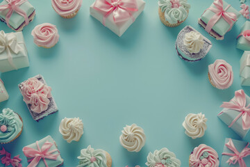 Frame made of cupcakes and gift boxes on blue background with copy space