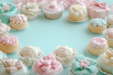 Colorful cupcakes on pastel blue background with copy space.
