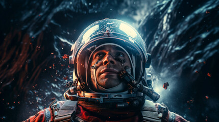 Close up of astronaut on the moon. Mission to explore the cosmic body. Colonization. Copy space.