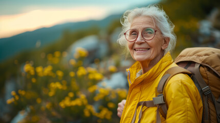An elderly person smiling, wearing a yellow jacket and a backpack, surrounded by nature, possibly on a walk or hike outdoors. Ai generative