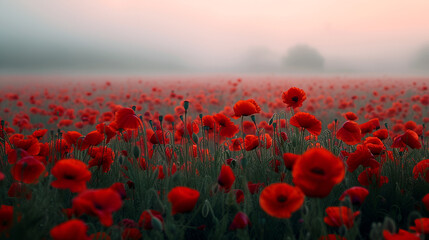 red poppy field in morning mist. generative ai - obrazy, fototapety, plakaty