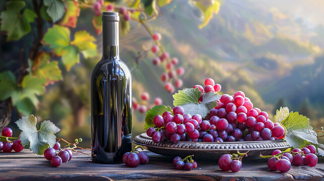 Still life with bottle of wine and fresh and large purple grapes on antique silver plate on wooden table in soft sunlight on blurred background of mountain vineyard.