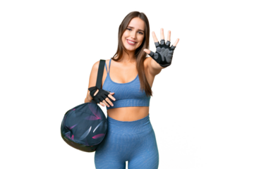 Young sport woman with sport bag over isolated chroma key background counting five with fingers