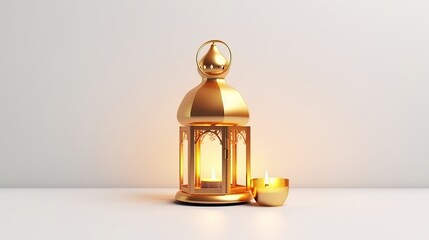 A golden lantern with a candle inside, representing Ramadan, is depicted in metallic gold fanous style. This 3D old lantern is presented in isolation on a white background.