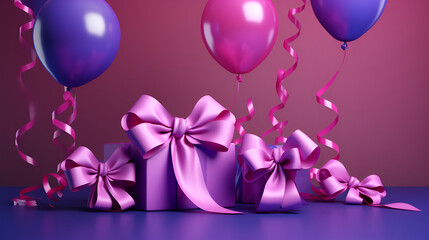 Gift box with ribbon and confetti on a purple background,festive mood gifts balls and various trifles,Purple gift box on bokeh background. 3d rendering

