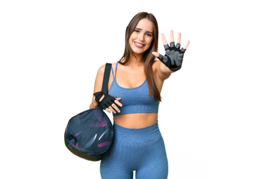 Young sport woman with sport bag over isolated chroma key background counting five with fingers