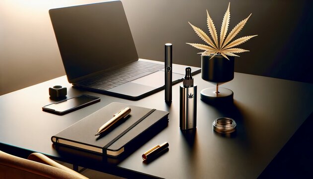 Minimalist Workspace with Cannabis Accents 3d rendering template for illustrators, low key, atmospheric