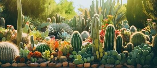 A detailed painting showcasing a group of green cacti and succulents in a botanical garden landscape. The artist captures the unique features of agave plants and the intricate patterns of the