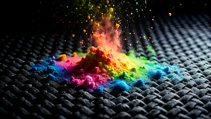 Rainbow Hued Powder Explosion on Dark Textured Surface. Black knit texture on the background....