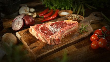 A view of a fresh raw beef steak on a wooden board placed on the kitchen counter. The concept of meat preparation.