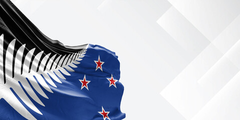 New Zealand national flag cloth fabric waving on beautiful white Background.