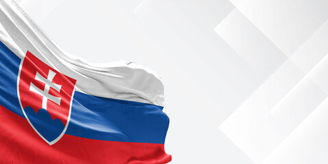 Slovakia national flag cloth fabric waving on beautiful white Background.