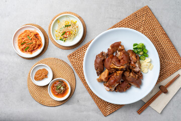 Korean food, jokbal, oriental medicine, pork, boiled pork, cold vegetables, maeyang, tray, noodles, mini, green onion pancake, mung bean pancake, red pepper pancake, side dish, salted shrimp
