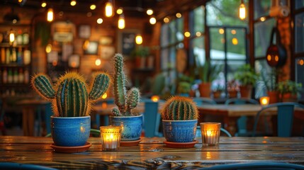 A collection of succulents displayed on a table at a dining establishment.