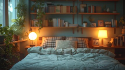 A cozy bedroom at home. Bedroom with bad, pillows, window, pictures, lamps, bookshelf. Very cute cozy interior design, grey and orange colors, modern stylish bedroom project, romantic dim lighting - obrazy, fototapety, plakaty