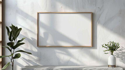 Mockup of a light wood  rectangular horizontal frame hanging on a white textured wall mockup