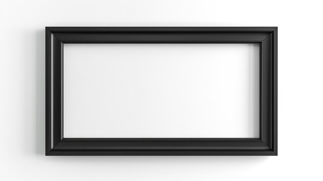 Mockup of a black wood rectangular horizontal frame hanging on a white textured wall mockup