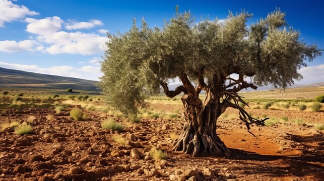 A Mediterranean olive field featuring an old olive tree, ready for harvest, is depicted.