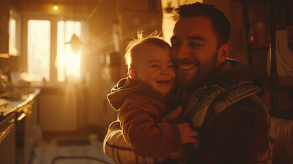 Portrait of a smiling dad with a cute happy baby at home he hugging little son at sunrise - obrazy, fototapety, plakaty