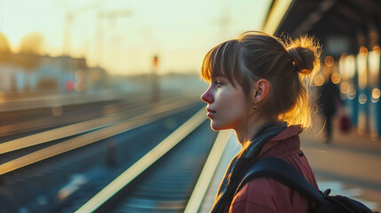 A young woman is standing at the train station, waiting for the train - obrazy, fototapety, plakaty