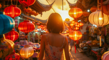 Fototapeta na wymiar A young woman walking through an asian market surrounded by beautiful lanterns