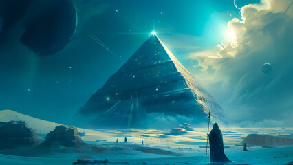 A pyramid of wisdom, surrounded by planets. Eternal temple of wisdom, esoteric, hermetic and cabal fantasy concept. - obrazy, fototapety, plakaty