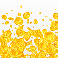 Bitcoin coins falling. Cryptocurrency scattered