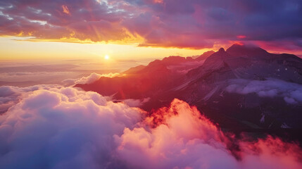 An aerial view of a spectacular sunset over the mountains, with spectacular clouds