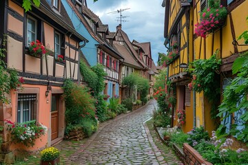 Fototapeta na wymiar Vibrant historic half-timbered buildings in a picturesque French village.
