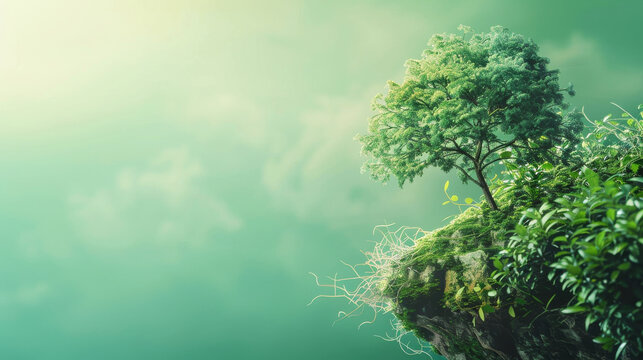 A green cliff with a tree growing on it. Unspoiled green nature concept.