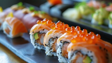 Tasty assortment of sushi rolls.