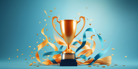 Golden trophy and streamers, business and competition concept, blue background, celebration confetti celebration confetti ribbon and sparkling glitter, symbolizing victory and success in a competition