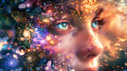 The face of a dreamy girl with flowers and swirls of energy around her. Dream and meditation concept.
