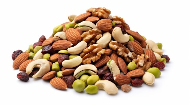 A pile of various nuts and seeds is isolated on a white background.