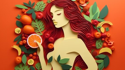 Beautiful woman with fresh fruits, healthy food. Paper cut style background.