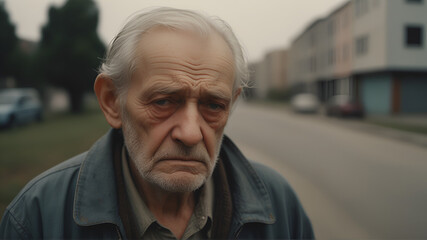 Portrait stressed sad old man outdoors. ai generative