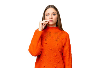 Young blonde woman over isolated chroma key background showing a sign of silence gesture