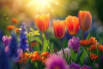 A field of flowers with a bright orange tulip in the middle