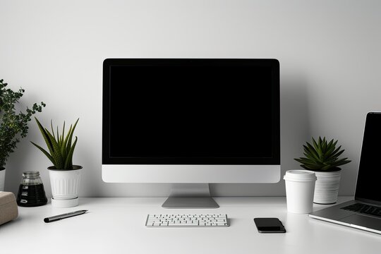 A computer monitor sits on a desk with a laptop, a cell phone