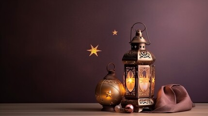 A Ramadan Kareem background presents a colorful lantern lamp with a crescent moon shape and dates in a golden bowl.