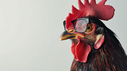 Portrait of rooster wearing a graduation cap and glasses.
