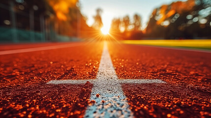 Close-up of a running track with a bright sunset at the end, emphasizing speed and competition