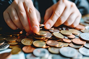 A person is holding a handful of coins, including a dime and a quarter - obrazy, fototapety, plakaty