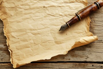A pen is on top of a piece of paper that is crumpled and torn - obrazy, fototapety, plakaty