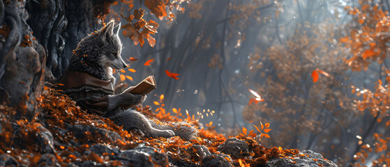 Anthropomorphic Wolf Reading in Autumn Forest - obrazy, fototapety, plakaty