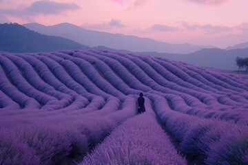 A person is walking through a field of purple flowers